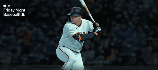 Apple TV+ Friday night baseball. Left-handed Giants batter at the plate.