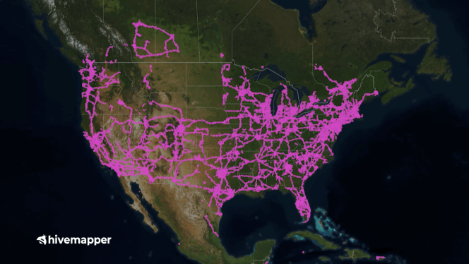 Hot pink lines denoting routes on map of USA