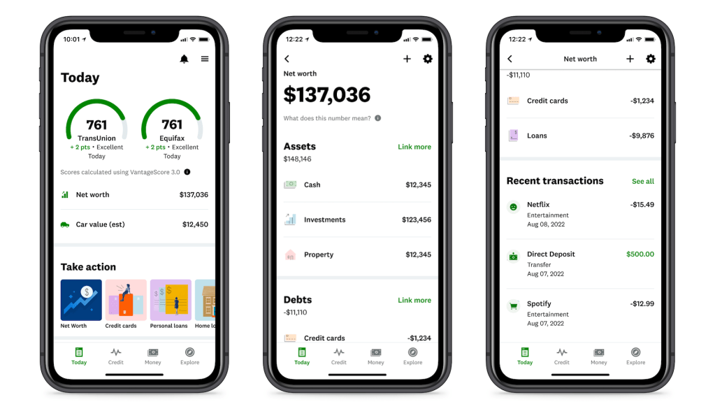 Credit Karma Net Worth on 3 cell phone screens