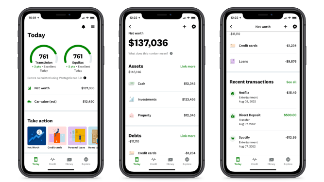 Credit Karma Net Worth on 3 cell phone screens