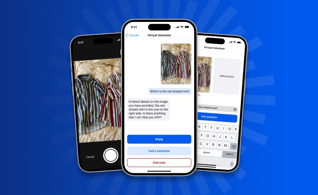 Be My Eyes app shown on 3 mobile phone screens