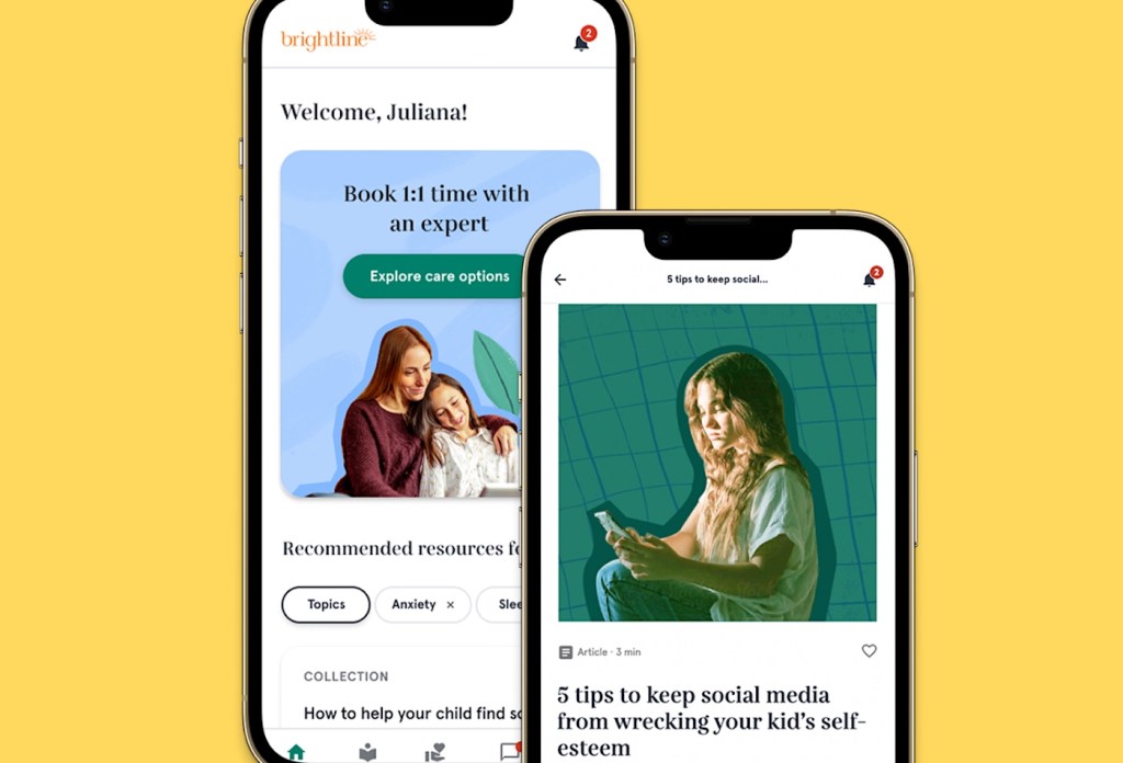 the Brightline apps on iPhones on a yellow background