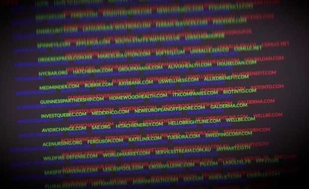 a manipulated photo of the Clop ransomware leaks page, displaying domains targeting by ransomware on a multi-colored blurry text