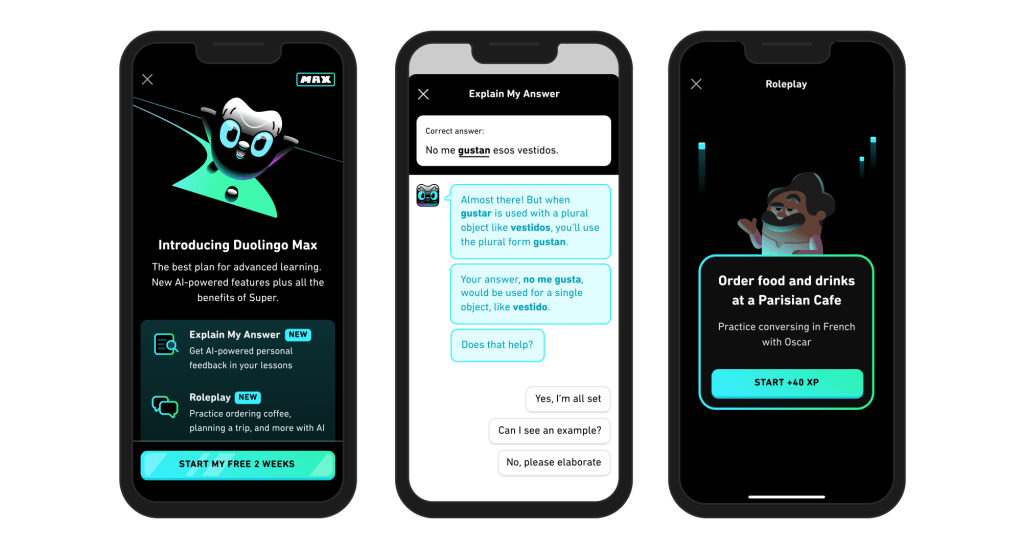 Duolingo app displayed on 3 mobile phone screens