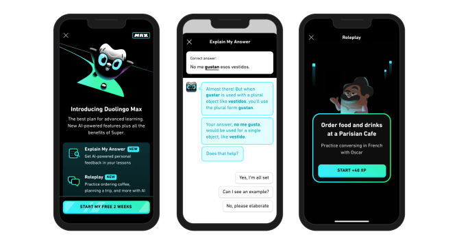 Duolingo app displayed on 3 mobile phone screens