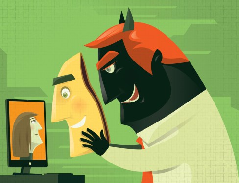 vector illustration of evil businessman video chatting with smiling mask…