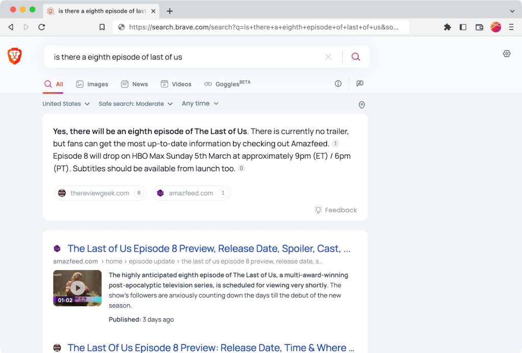 Brave Search displayed on monitor