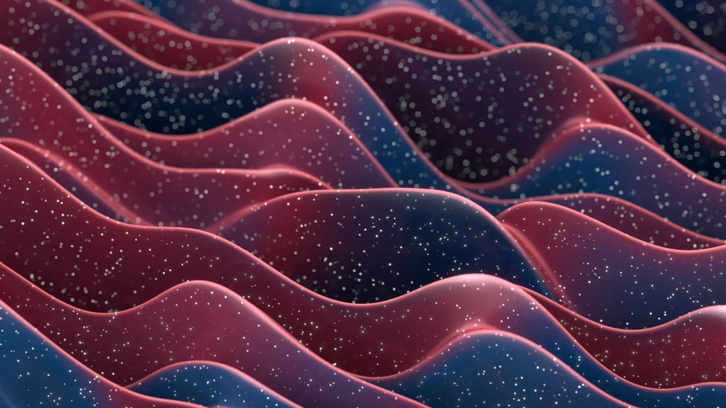 Red and blue waves over star-like background.