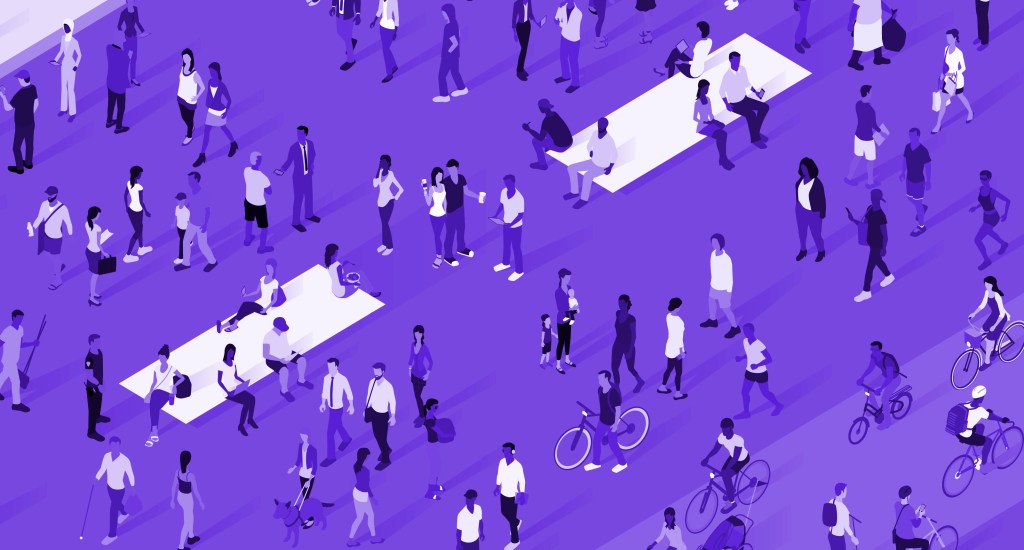 people walking across a purple open space