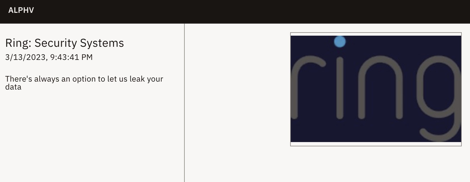 a dark web listing on ALPHV's ransomware site listing Ring