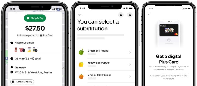 screenshots of Uber's shop and pay feature