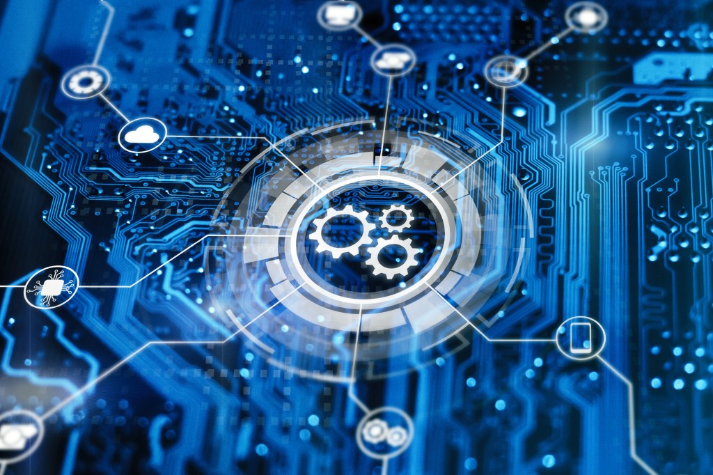 Automated intelligent workflow concept with three gears connected to various tasks.