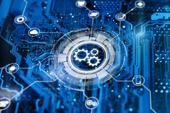 Automated intelligent workflow concept with three gears connected to various tasks.