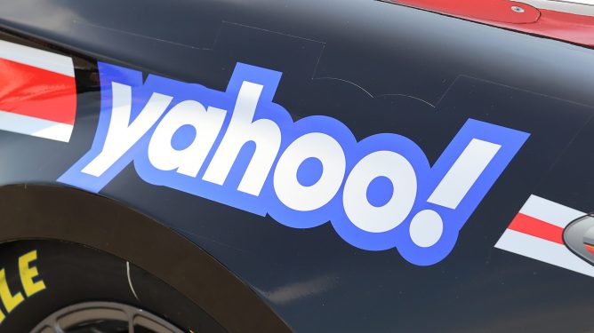A general view of the Yahoo! logo prior to the NASCAR Cup Series M&MS Fan Appreciation 400 on July 24, 2022
