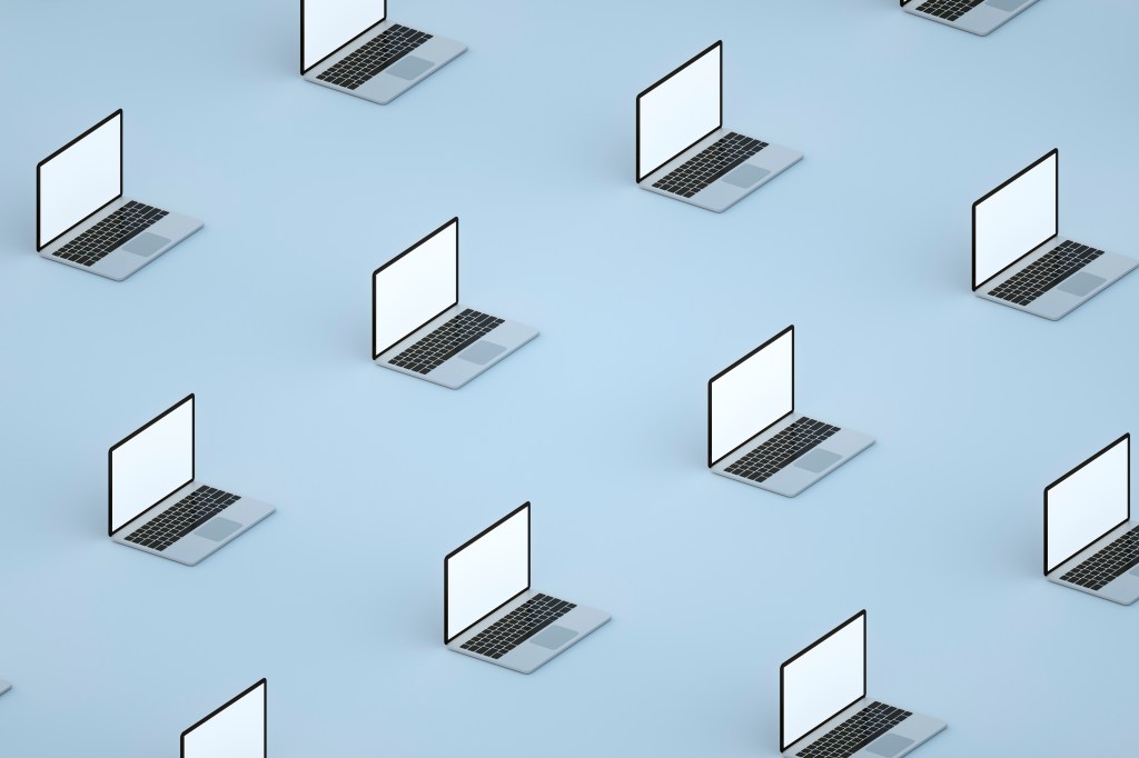 Mockup set of many open laptop on blue background