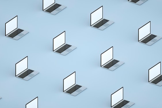 Mockup set of many open laptop on blue background