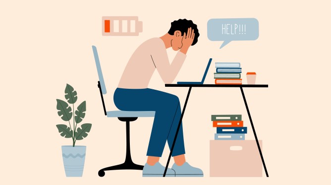 Young man with low energy sits by the table with laptop, overworked and needs help and rest