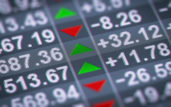 Stock market results on a screen with some up and some down.