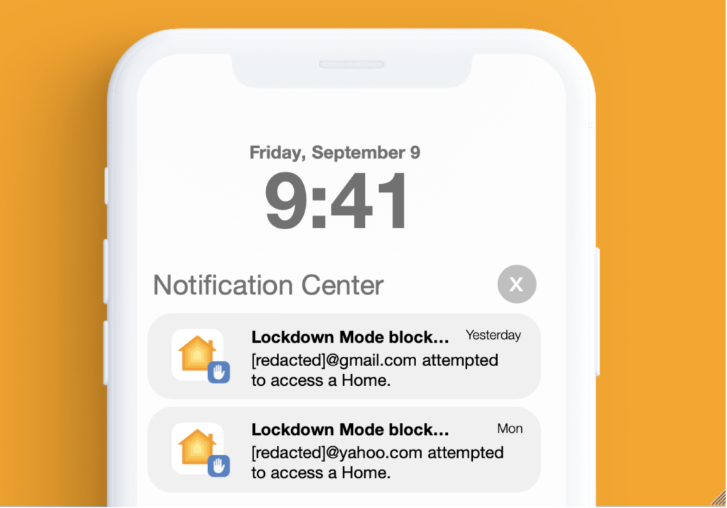 A screenshot of the iPhone's Lockdown Mode blocking two hacking attempts.
