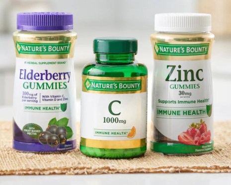 Three supplements from Nature's Bounty, Elderberry gummies, Vitamin C, and Zinc Gummies