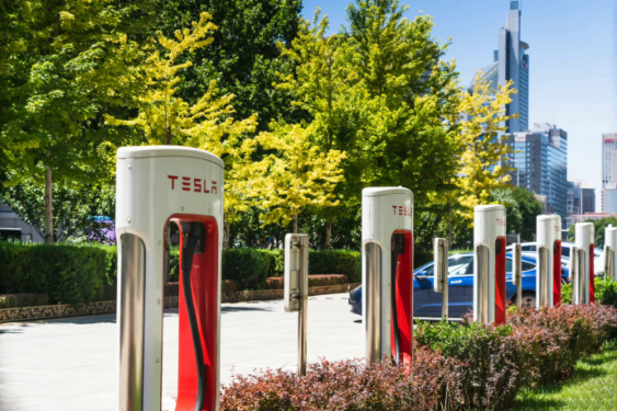 line of Tesla chargers