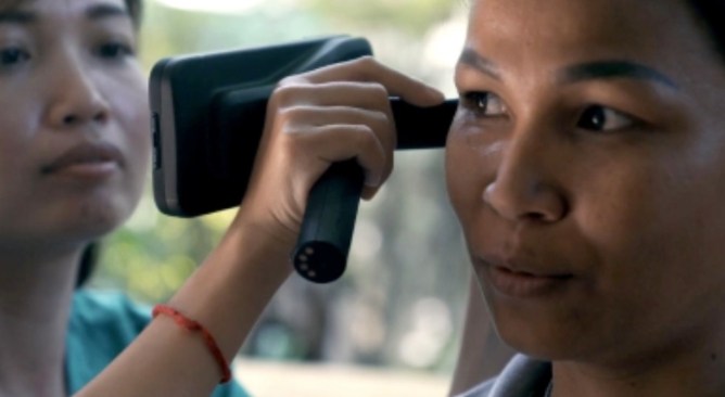 someone getting their hearing checked with TympaHealth