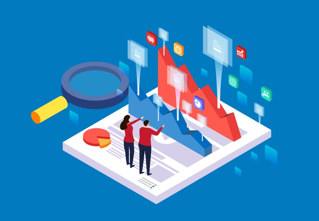 Illustration of two business people analyzing charts and graphs.