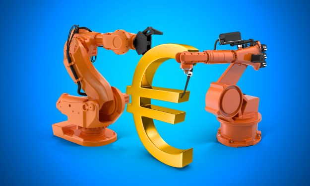 3D rendered two robotic arm manufacturing euro sign as a abstract concept in yellow background