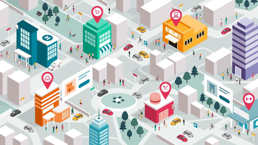 Isometric city map with people, buildings and pin pointers