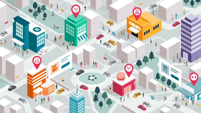 Isometric city map with people, buildings and pin pointers