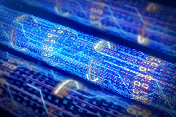Abstract glowing network fiber optics tunnel on dark background.