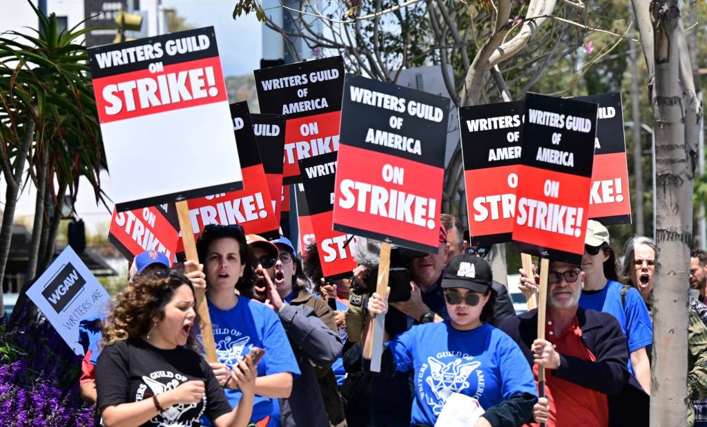 Writers picket in front of Netflix on Sunset Boulevard in Hollywood