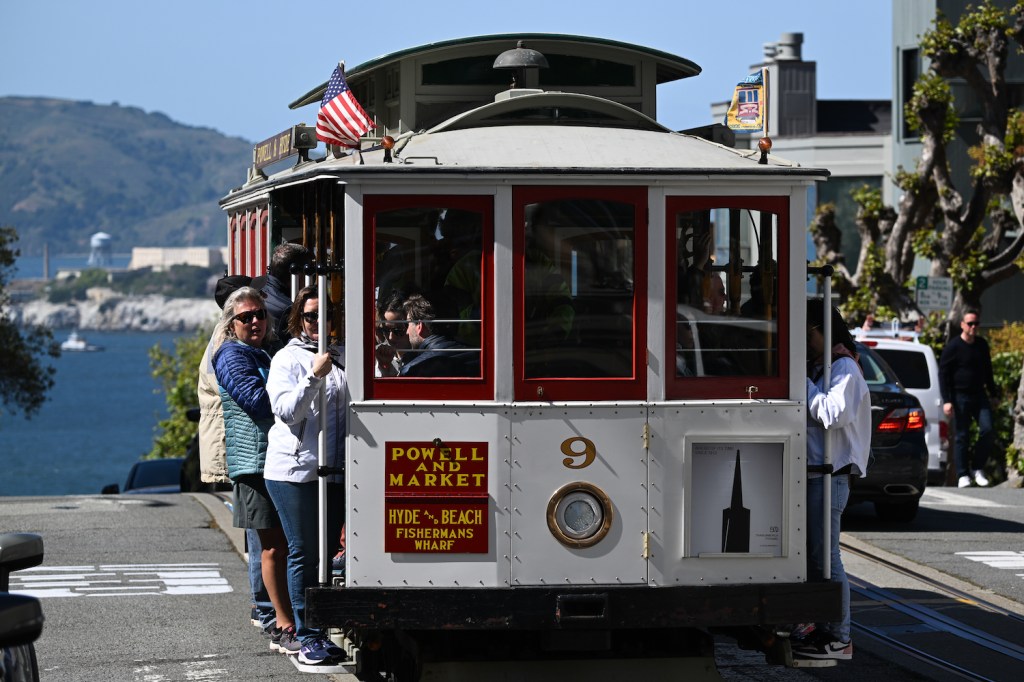 SAN FRANCISCO, CA - MAY 11: A cable car is seen on Hyde Street in San Francisco, California, United States on May 11, 2023. (Photo by Tayfun Coskun/Anadolu Agency via Getty Images)