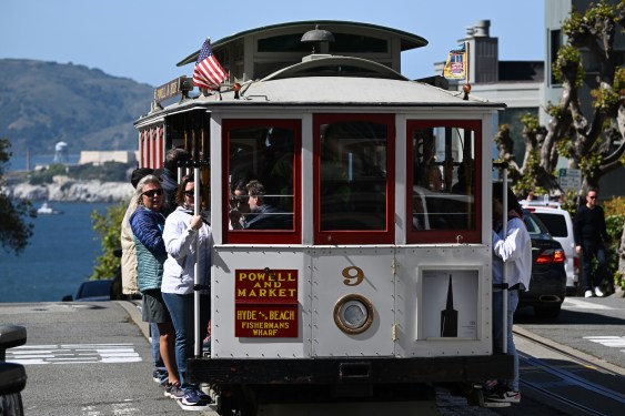 SAN FRANCISCO, CA - MAY 11: A cable car is seen on Hyde Street in San Francisco, California, United States on May 11, 2023. (Photo by Tayfun Coskun/Anadolu Agency via Getty Images)