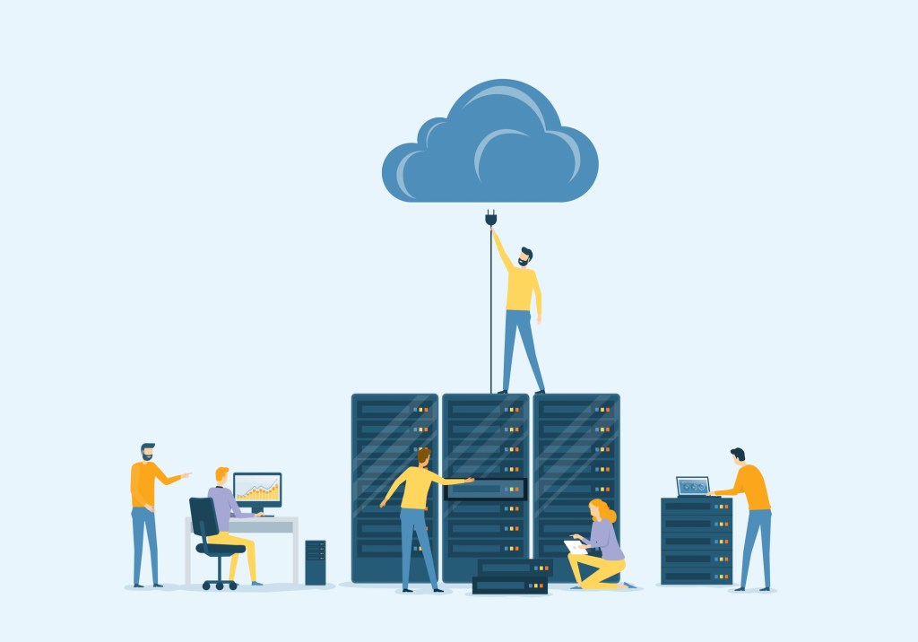 Flat vector business datacenter technology with cloud computing service concept and developer technician team working concept