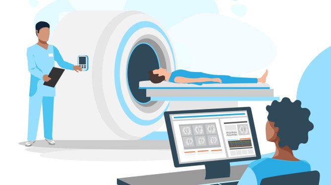Vector illustration of a patient undergoing MRI diagnostics in a medical center.