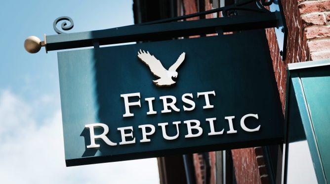 A sign for a First Republic bank branch is seen in Manhattan on April 24, 2023 in New York City.