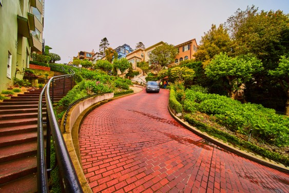 Image of Lombard Street brick paved windy road in San Francisco in early spring