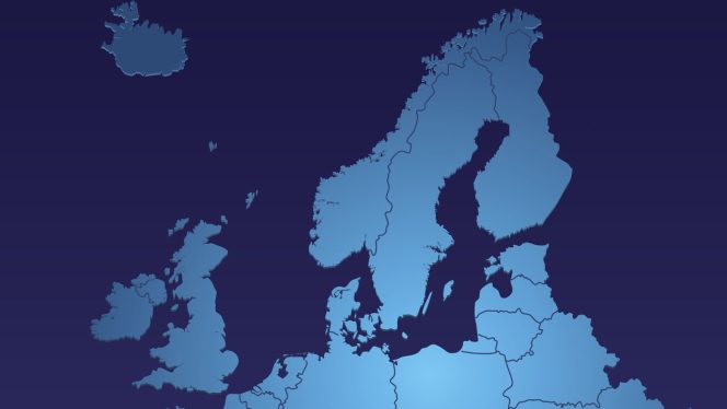 A shiny blue map showing Northwest Europe, including Finland.