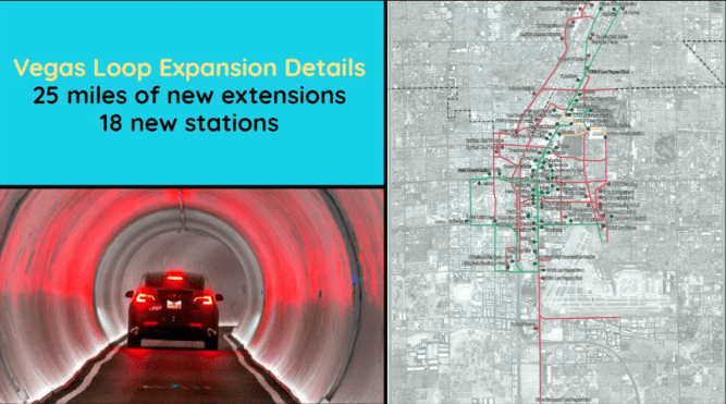 on the left, photo of tesla car going through the boring company tunnel; on the left, proposed expansion map