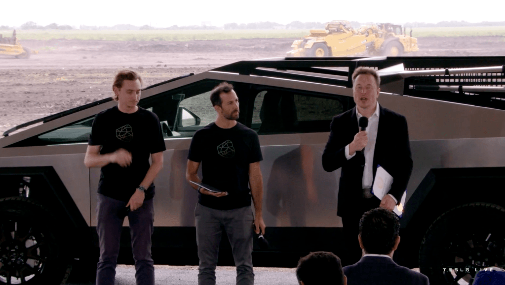 Elon Musk at ground breaking ceremony for Texas lithium refinery in front of cybertruck with roof rack