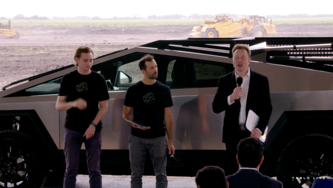 Elon Musk at ground breaking ceremony for Texas lithium refinery in front of cybertruck with roof rack