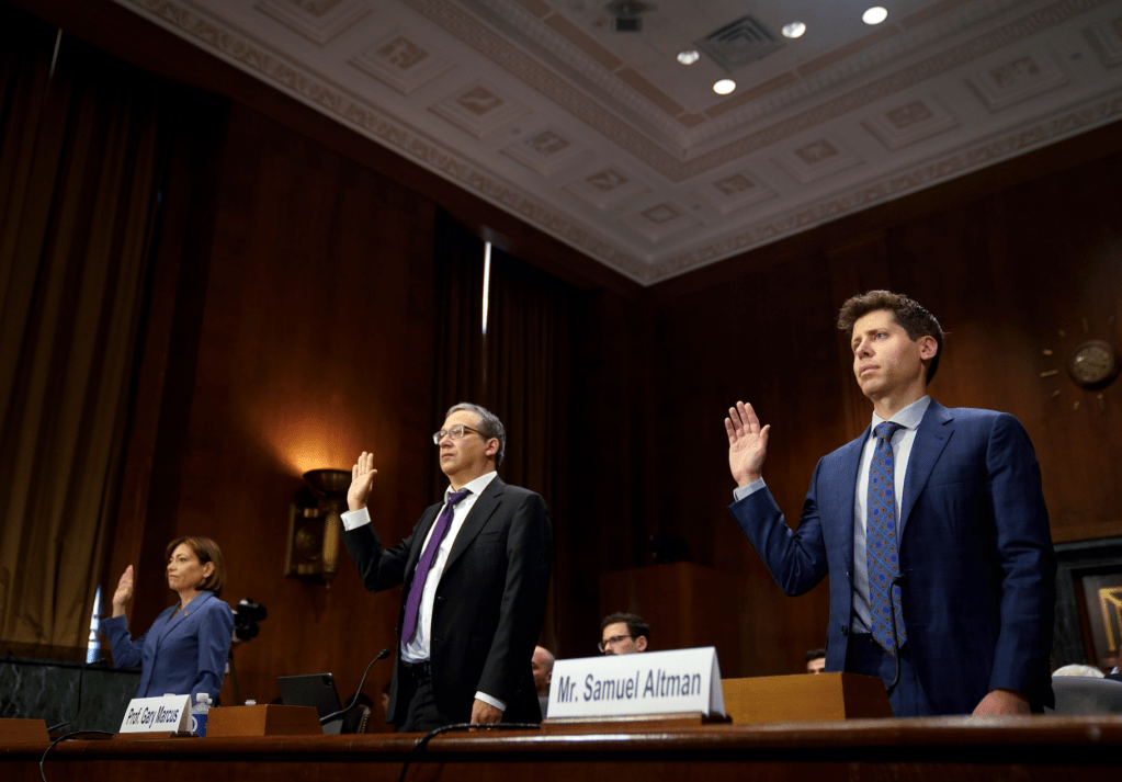 IBM’s Chief Privacy & Trust Officer Christina Montgomery, New York University Professor Emeritus Gary Marcus and OpenAI’s CEO Samuel Altman testify before the Senate Committee on the Judiciary Subcommittee on Privacy, Technology, and the Law hearing on artificial intelligence in Washington, DC