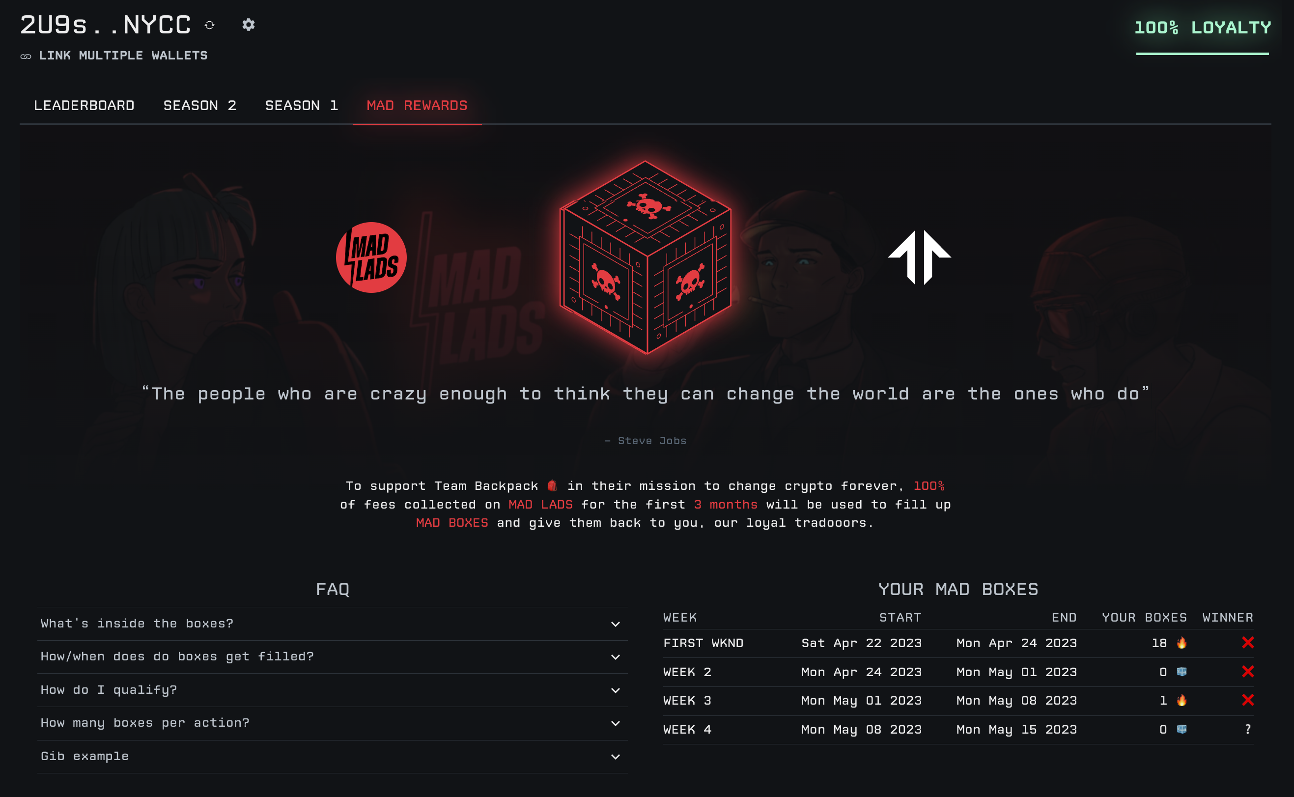 A screenshot of the Mad Lads rewards page on Tensor's NFT marketplace