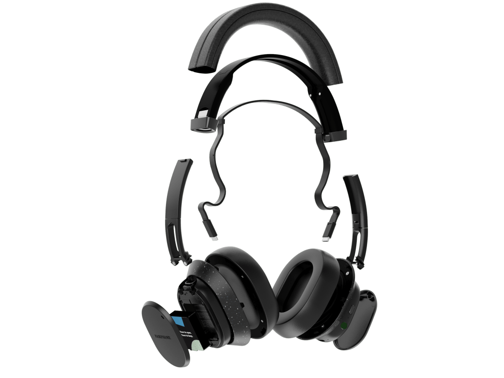 Fairphone Fairbuds XL modular headphones in black - exploded view