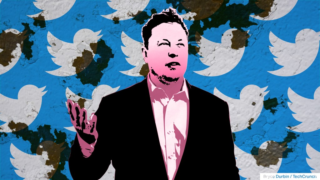 illustration of Elon Musk in front of cracked and peeling background of Twitter bird icons
