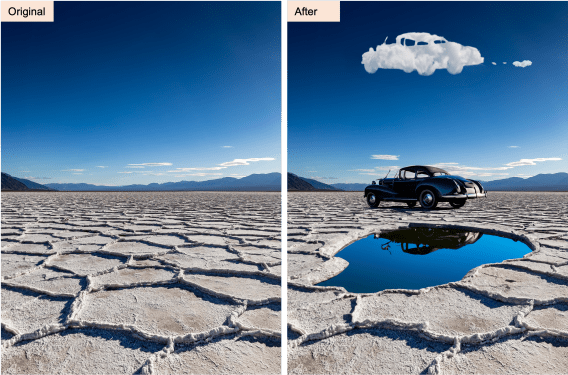 Adobe example of geberative AI; water, car and cloud added to desert scene