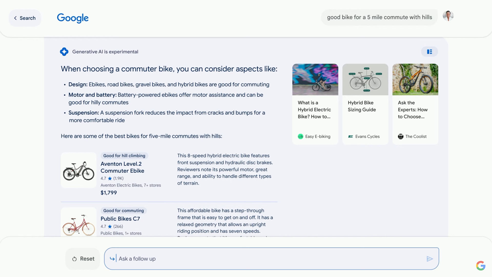 Generative AI search, choosing a commuter bike