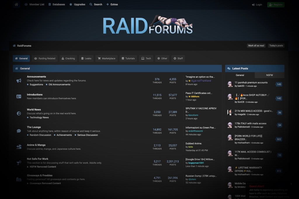 a screenshot of RaidForums' main page before it was seized by the DOJ in 2022