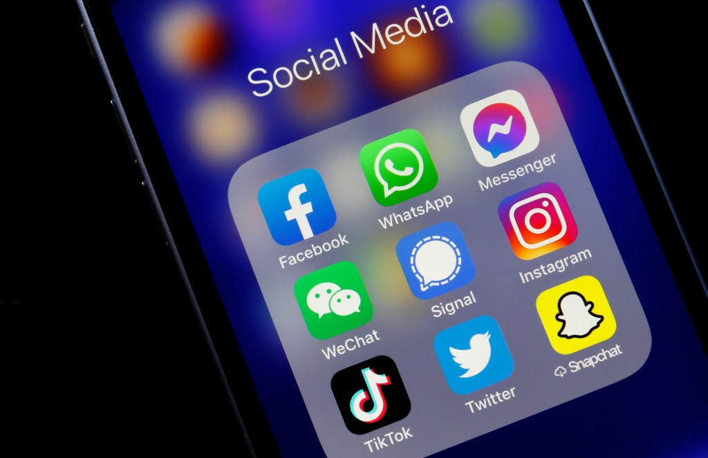 An iphone showing the most popular social apps in a folder.